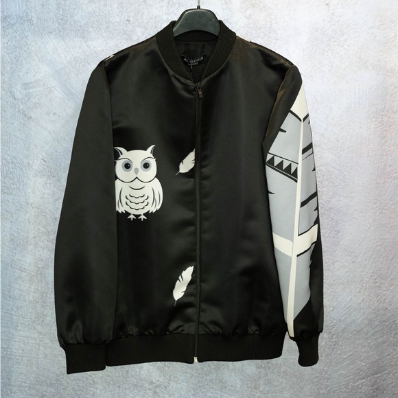 Jackets & Blazers - Unisex Costum Boutique Black and White Owl Print satin bomber Jacket